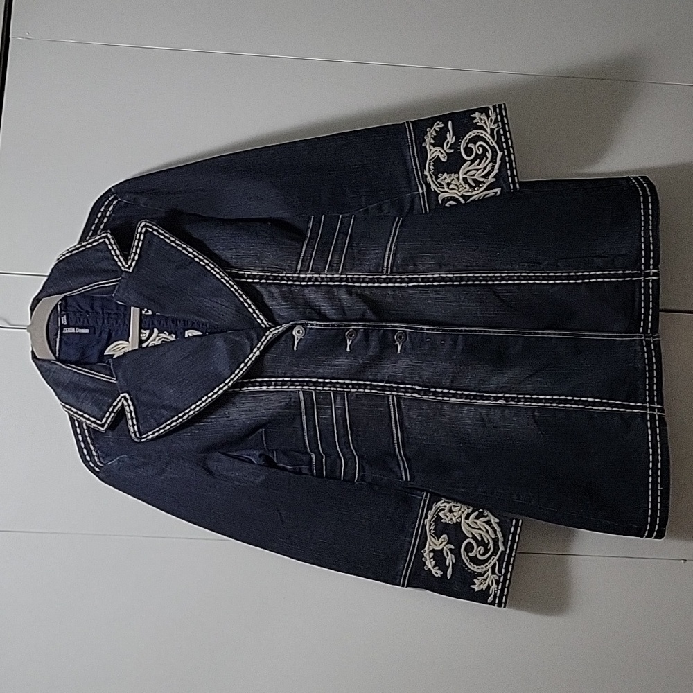 Zenim Navy Denim Long Jean Jacket with White Embroidery